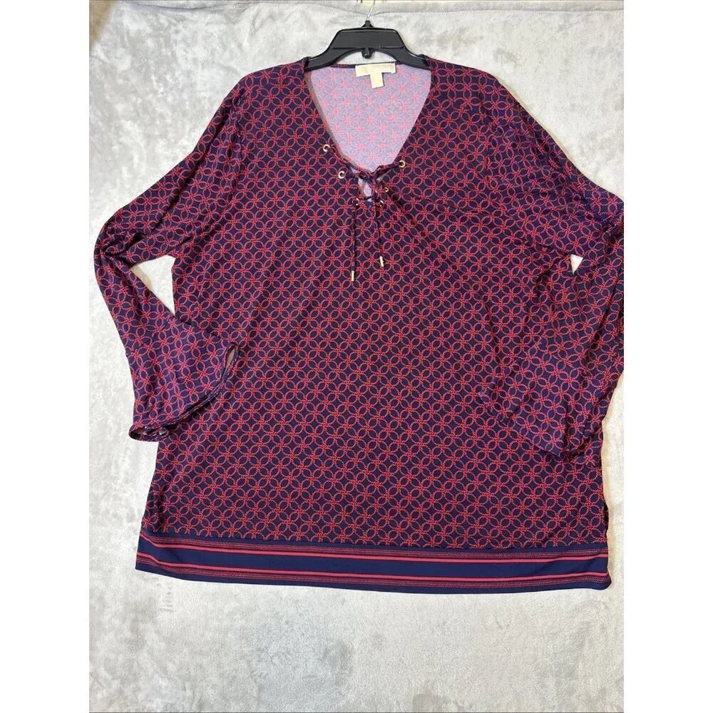 Michael Kors Plus Size 3X Lace Up V-Neck Tunic Blouse Geometric Print